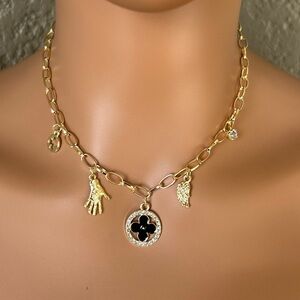 Gold Charm Necklace with Black Clover Pendant